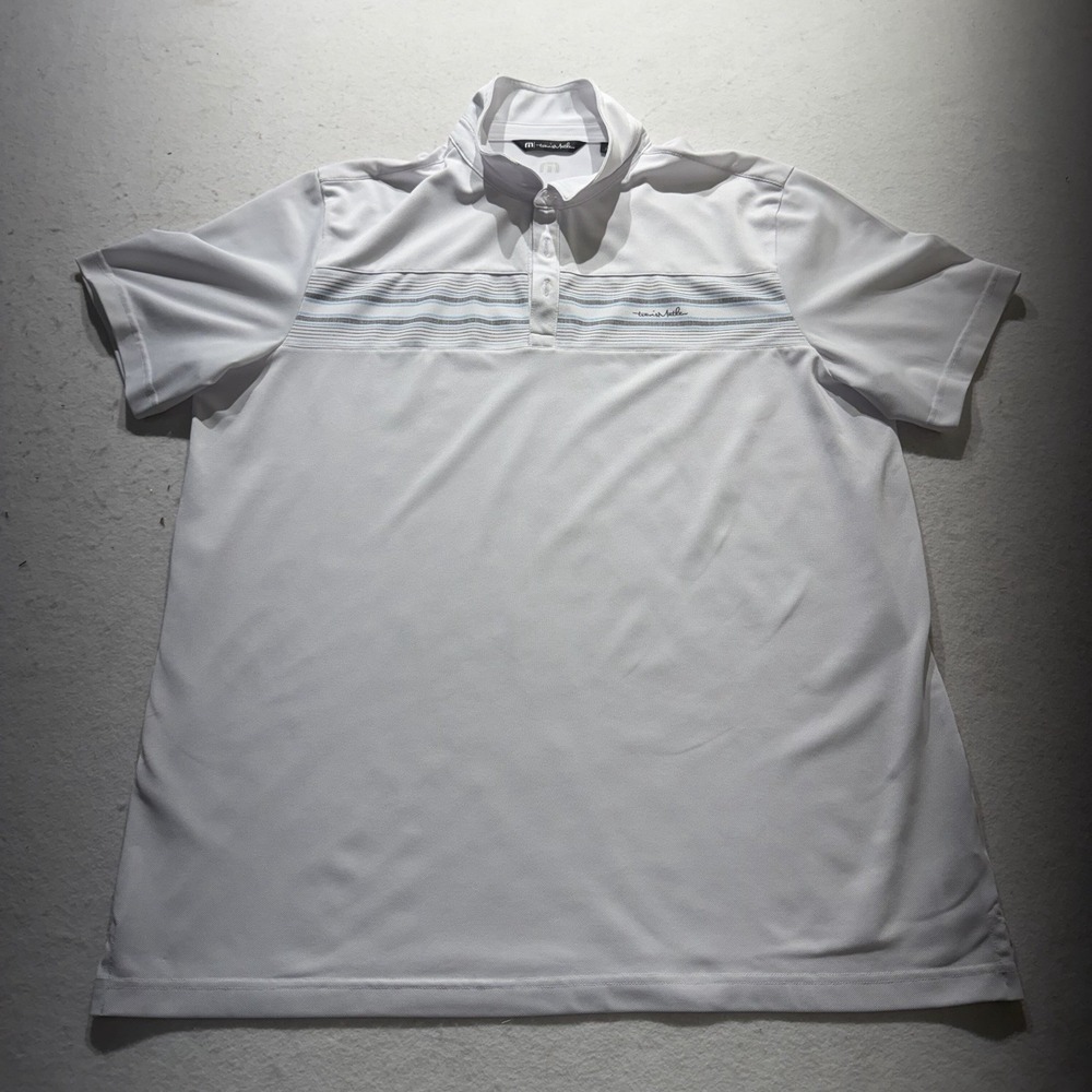 TravisMathew Men's XXL Performance Golf Polo White Blue Gray Stripe Athletic Fit